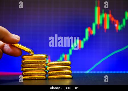 Primo piano con la mano che tiene una mano dorata fissa il grafico a candelabro. Contesto , concetto di fluttuazioni dei prezzi dell' oro. Foto Stock