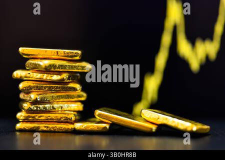 Foto a oro barre lo sfondo del grafico a candelabro , fluttuazioni del concetto di prezzo dell' oro. Foto Stock