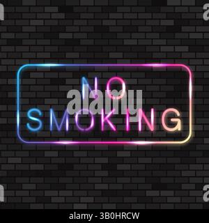 Insegna colorata neon PER NON FUMARE. Cornice luminosa colorata. Sfondo muratura. Foto Stock