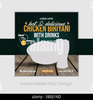 Delizioso pollo fritto con patatine fritte e salsa su un piatto di legno per post sui social media Illustrazione Vettoriale