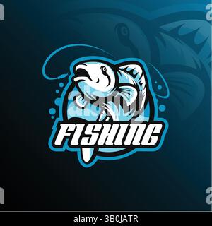 design vettoriale con logo della mascotte di pesce e design moderno per la stampa di badge, emblemi e t shirt. illustrazione del salto dei pesci. Illustrazione Vettoriale