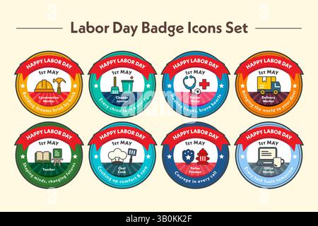 Un set colorato di 8 distintivi per la Festa dei lavoratori che celebrano varie professioni con icone e slogan, perfetti per onorare i lavoratori a maggio. Illustrazione Vettoriale