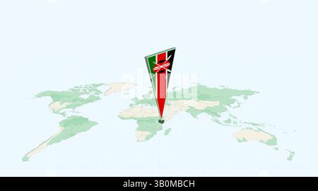 Evidenziato il Kenya sulla mappa globale con il pin di posizione della bandiera 3D. L'immagine simboleggia viaggi, geografia, identità internazionale e navigazione globale Illustrazione Vettoriale