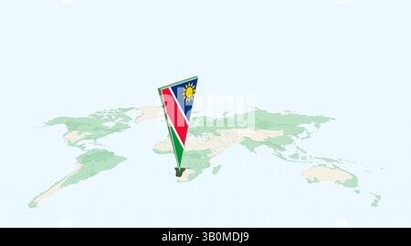 Namibia evidenziata sulla mappa globale con spillo di localizzazione 3D Flag della Namibia. L'immagine simboleggia viaggi, geografia, identità internazionale e navigazione globale Illustrazione Vettoriale