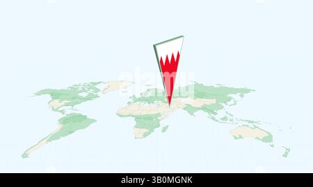Bahrein evidenziato sulla mappa globale con spillo di localizzazione della bandiera 3D. L'immagine simboleggia viaggi, geografia, identità internazionale e navigazione globale Illustrazione Vettoriale