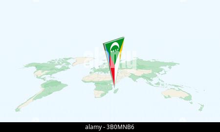 Comore evidenziate sulla mappa globale con spillo di posizione bandiera 3D delle Comore. L'immagine simboleggia viaggi, geografia, identità internazionale e navigazione globale Illustrazione Vettoriale
