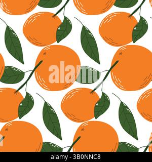 Motivo senza cuciture con frutti arancioni e foglie verdi disegnati a mano su uno sfondo bianco pulito. Perfetto per tessuti, sfondi o opere artistiche Illustrazione Vettoriale