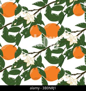 Motivo vibrante che mostra dettagliati rami di arancio, tra cui frutta e fiori in armonia. Perfetto per tessuti, sfondi e design evoki Illustrazione Vettoriale