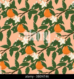 Illustrazione di rami d'arancio con arance mature, foglie verdi e fiori bianchi che formano un motivo senza cuciture, ideale per tessuti e wallpape Illustrazione Vettoriale