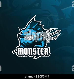design vettoriale del logo della mascotte monster fish con design moderno per la stampa di badge, emblemi e t shirt. illustrazione di pesci arrabbiati. Illustrazione Vettoriale