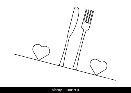 Coltello e forca continuano disegno di una linea dell'icona del vettore del contorno minimalista Illustrazione Vettoriale