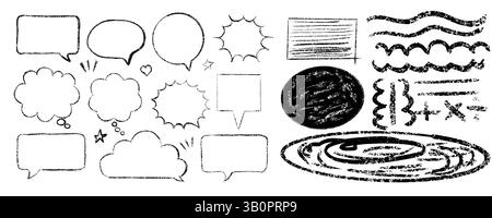 collezione di bolle vocali ed elementi decorativi disegnati a mano, con forme a nuvola, ovali, rettangolari e stelle. Illustrazione Vettoriale