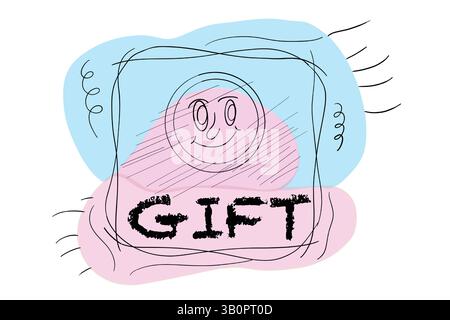 Un volto sorridente e la parola "REGALO" in grassetto, lettere testurizzate, sfondo composto da forme blu e rosa con scarabocchi e linee nere. Illustrazione Vettoriale