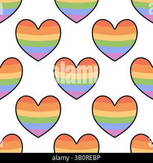 Il cuore arcobaleno si ripete in un motivo senza cuciture che rappresenta l'orgoglio LGBTQ, l'amore e l'inclusività durante il mese dell'orgoglio. Illustrazione Vettoriale