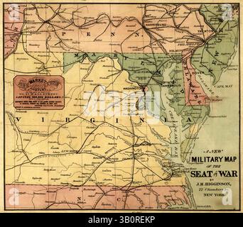 1861 - U.S. - Mappa militare che mostra la sede della guerra nella Virginia orientale e centrale, nel Maryland, nel Delaware, nella Pennsylvania meridionale e nella Carolina del Nord settentrionale, mostrando città e città, confini statali e ferrovie. (Immagine di credito: © BuyEnlarge/ZUMAPRESS.com) Foto Stock