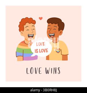 Biglietto di auguri quadrato che mostra una coppia gay amorevole con bandiera arcobaleno e cuori intorno, con lo slogan "Love Wins". Illustrazione Vettoriale