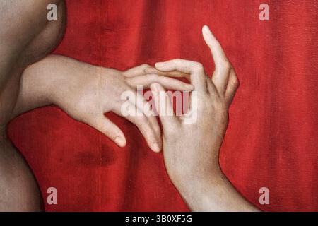 particolare da "Ritratto di Gabrielle d'Estrees con una delle sorelle al bagno" - olio su tavola - Scuola di Fontainebleau - 1595 - fuoco Foto Stock