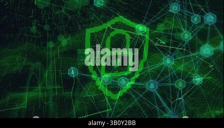 Elaborazione dei dati su scudo di sicurezza e icona del lucchetto contro l'onda digitale verde su sfondo nero Foto Stock