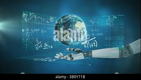 Immagine della mano del robot sul globo e dell'elaborazione dei dati scientifici sugli schermi Foto Stock