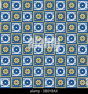 Piastrelle in ceramica italiana blu e gialla. Porcellana mediterranea. Ornamento etnico popolare. Talavera messicana, azulejo portoghese, maiolica spagnola, motivi arabeggianti. Illustrazione vettoriale. Illustrazione Vettoriale