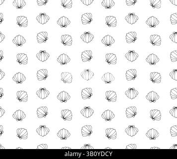 Motivo Seashell senza cuciture. Illustrazione dell'inchiostro con linee grafiche vettoriali. Design di ispirazione marina. Concetto di tema costiero e spiaggia per tessuti, carta da parati e io Illustrazione Vettoriale