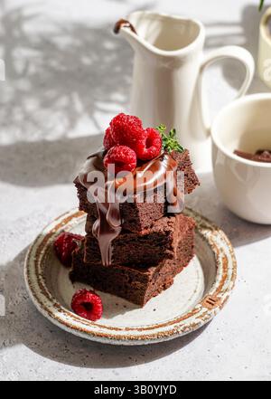 brownie al cioccolato ricoperti di cioccolato fuso lucido e lamponi freschi, serviti su un piatto di ceramica rustica. Il dessert è posto su un li testurizzato Foto Stock
