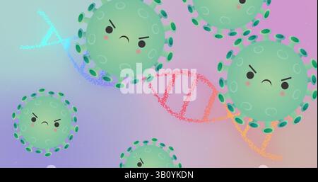Virus verde fluttuante con faccia arrabbiata che si sposta nello spazio digitale astratto, con colorata elica del DNA Foto Stock