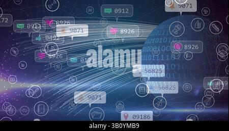 Immagine di icone e numeri dei social media sul globo della codifica binaria Foto Stock