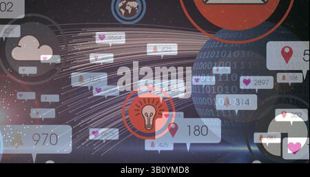 Immagine di icone e numeri dei social media sul globo della codifica binaria Foto Stock