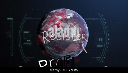 Immagine del registro di testo e di elaborazione dati su globo e cellule virali Foto Stock