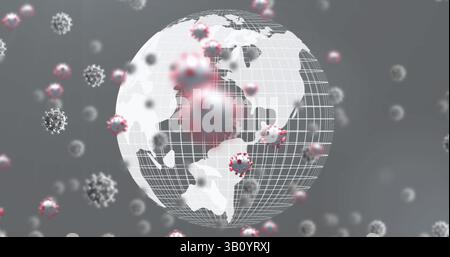Visualizzazione del globo 3D trasparente che ruota nello spazio digitale astratto, con particelle virali dalla punta rossa Foto Stock