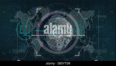 Immagine dell'impronta digitale e dell'elaborazione dei dati tramite rete di connessioni su sfondo nero Foto Stock