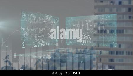 Elaborazione di dati statistici e schermate con equazioni matematiche contro edifici alti Foto Stock