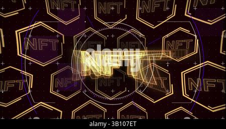 Scansione dell'oscilloscopio su più simboli nft fluttuanti su sfondo nero Foto Stock