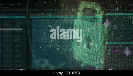 Icona del lucchetto di sicurezza e connessioni a microprocessore contro il primo piano di un hacker maschio Foto Stock