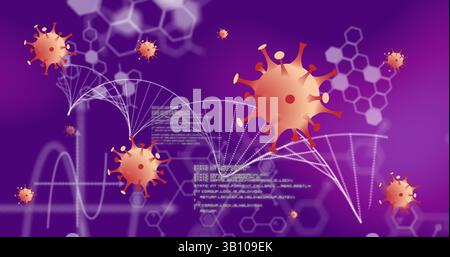 Particella virale arancione alla deriva su gradiente viola con elica del DNA bianco, codice, esagoni, spazio di copia Foto Stock