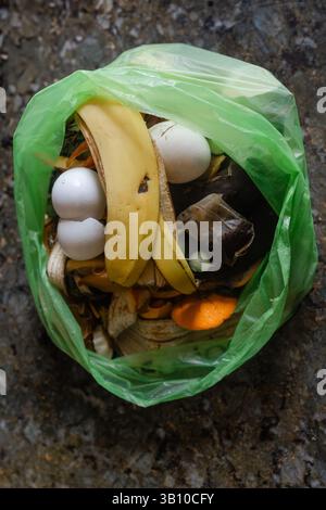 Gli scarti di cibo sono visibili in un sacchetto di compost verde, che mostra i rifiuti organici pronti per il compostaggio in un'area giardino. Foto Stock