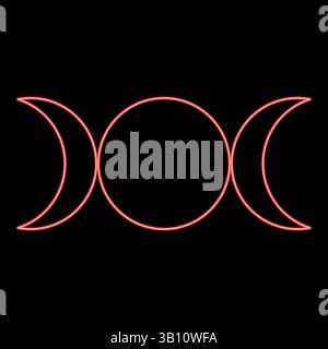 Simbolo al neon triplo simbolo religioso, fasi lunari, immagine vettoriale di colore rosso wiccan, luce piatta Illustrazione Vettoriale
