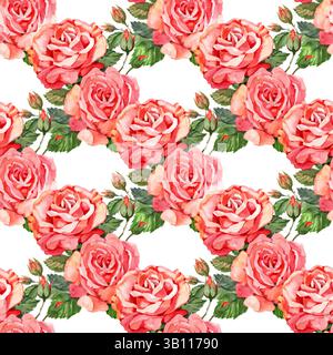 Rosa rosa e verde acqua motivo floreale acquerello motivo fiore acquerello senza cuciture. Stampa acquerello in stile vintage rustico, tessuto o carta da parati. Foto Stock