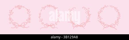 Set di cornici floreali rosa primaverili con fiocchi a nastro in pizzo in stile coquette femminile. Rosa di botanica, giglio della valle, corona di alloro. Vetto per scarabocchi disegnato a mano Illustrazione Vettoriale