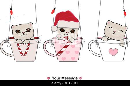 Natale felice anno nuovo disegna gattini carini con tazze da caffè appese caramelle, cappello di babbo natale, luci Illustrazione Vettoriale