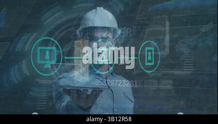 Immagine dell'elaborazione dei dati e della scansione dell'ambito su un uomo d'affari birazziale Foto Stock
