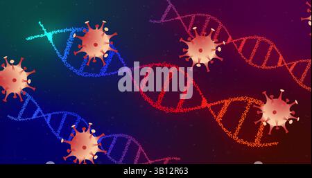 Elica del DNA stilizzata centrale rotante che galleggia nello spazio digitale astratto, con icone sferiche di virus Foto Stock