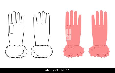 Guanti in pelliccia polso sopra la lunghezza cartone animato rosa e bozzetto mockup accessorio moda indumento per illustrazione tecnica. Vista posteriore del palmo frontale vettoriale per gli uomini, le donne, modello CAD piatto su bianco Illustrazione Vettoriale