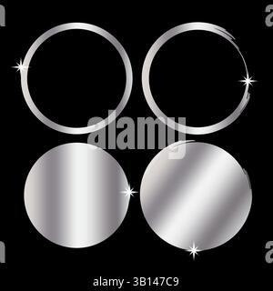 Set di cerchi in argento. Anelli vettoriali lucidi. Pulsanti cromati lucidi. Layout di sfondo nero. Illustrazione Vettoriale