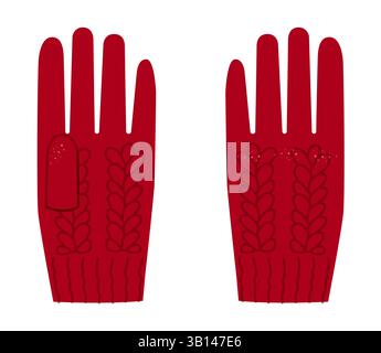Guanti in lana a maglia corta cartoni animati rossi accessori per la mano moda indumenti per illustrazioni tecniche. Vista posteriore del palmo anteriore vettoriale per uomo modello piatto da donna modello CAD contorno schizzo mockup Illustrazione Vettoriale