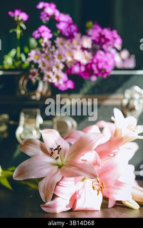 Valigia nera vintage polverosa con fiori all'interno Foto Stock