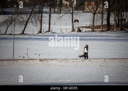 ZGORNJE JEZERSKO, SLOVENIA - 23 DICEMBRE 2024: Una coppia cammina il levriero attraverso un campo innevato a Zgornje Jezersko, Slovenia, mentre un cavallo solitario g Foto Stock
