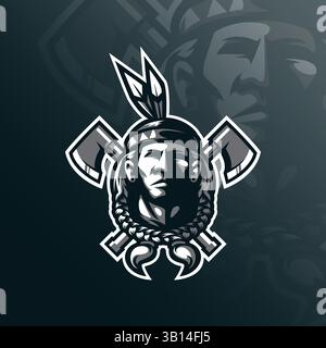 design vettoriale del logo della tribù indiana con un moderno stile di illustrazione per la stampa di badge, emblemi e t shirt. illustrazione della tribù con un'ascia Illustrazione Vettoriale