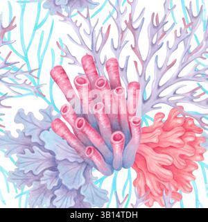 Motivo marino senza cuciture con tubolare, ramificato, coralli in pizzo e alghe marine. Illustrazioni in acquerello. Barriere coralline oceaniche, animali subacquei. Disegnato a mano Foto Stock